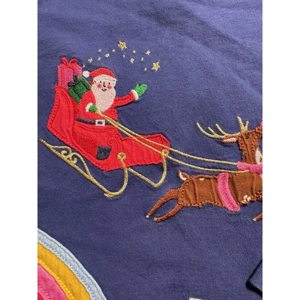 Mini Boden Girls 3-4Y Christmas Applique Dress Santa Sleigh Rainbow House